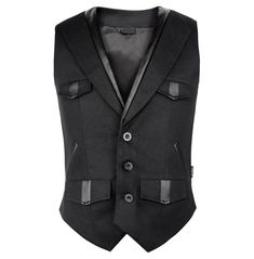 Men Black Imitation Leather Waistcoat Vest With Elegant Pockets Steampunk Gothic Vest  Product Details  Styles: Gothic, Elegant Aristocrat Type: Man Colors: Black Material: 80% Wool 20% Faux Leather     Men Black Imitation Leather Waistcoat Vest With Elegant Pockets Steampunk Gothic Vest Dark Wear Men, Steampunk Vest, Steampunk Men, Gothic Jackets, Gothic Pants, Goth Guys, Gothic Men, Leather Waistcoat, Waistcoat Men