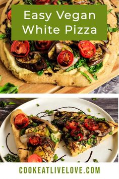 two different pizzas with the words easy vegan white pizza on top and an image of