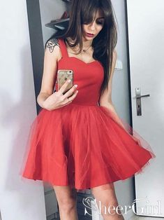 Cheap A-line Tulle Short Formal Dresses Sexy Homecoming Dress ARD2364-SheerGirl Red Homecoming Dresses Short, Offshoulder Dress, Modest Homecoming Dresses, Simple Homecoming Dresses, Dresses A Line, Mini Prom Dresses, Mini Homecoming Dresses, Red Homecoming Dresses, 16 Dresses