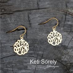 "Designs by Keti Sorely. This handmade initials earrings will spell out your initials in striking details. Crafted by our talented jewelers using old style craftsmanship. Special for yourself or for your loved ones! Metal:  Sterling Silver 0.925. Yellow gold over Stirling Silver Rose Gold over Sterling Silver Monogram size - optional from 1/2\" to 1.25\" --------Shipping------------- Allow 15 - 20 days for production." Gold Earrings With Initials In 14k Gold, Yellow Gold Earrings With Initials As A Gift, Personalized Dainty 14k Gold Earrings, Sterling Silver Yellow Gold Monogram Jewelry, Yellow Gold Sterling Silver Monogram Jewelry, Gold Engraved Dangle Earrings, Engraved Brass Earrings For Anniversary, Gold Dangle Jewelry With Initials, Gold Sterling Silver Earrings With Initials