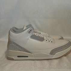 Jordan 3 Very Iconic Shoe . Must Have In Your Collection. White Leather Jordan Shoes With Perforations, White Leather Jordan Shoes With Perforated Toe Box, Leather High-top Air Jordan 4, Air Jordan 4 Leather Lace-up With Boost, Air Jordan 4 Leather Lace-up Sneakers, Air Jordan 4 Leather Lace-up Shoes, Air Jordan 4 Leather Lace-up With Boost Midsole, Cream Leather Basketball Shoes With Boost Midsole, White Mid-top Air Jordan 4 With Branded Insole