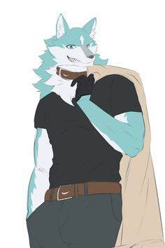 a drawing of a wolf wearing a black shirt and grey pants with his arm around the neck