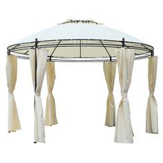 a white gazebo with curtains hanging from it's sides on a white background