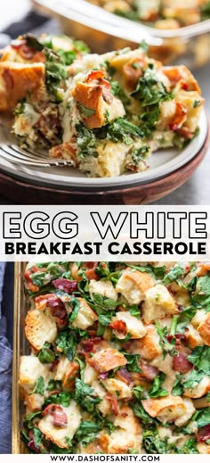 egg white breakfast casserole with bacon, spinach and cheese on top is shown