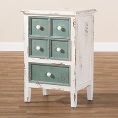 Baxton Studio Angeline Antique French Country Cottage Distressed White and Teal Finished Wood 5-Drawer Storage Cabinet FredCo Wood Drawer Knobs, Blue Drawers, 5 Drawer Storage, Antique French Country, Country Cottage Style, Wood Knobs, Accent Chest, Wooden Drawers, Wood Accent