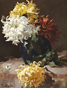 a painting of white and yellow flowers in a black vase