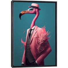 a pink flamingo in a suit and hat with feathers on it's head