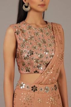 Shop for Nidhika Shekhar Pink Silk Georgette Embroidered Pre-draped Saree Set for Women Online at Aza Fashions Stitched Saree, Draped Saree, Drape Saree, Embroidered Neckline, Fabric Silk, Pink Silk, Embroidered Blouse, Set For Women, Aza Fashion