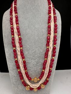 Ruby Pearls Nakshi Multi Layer Necklace Temple Jewelry Necklaces With Stones For Jewelry Making, Red Temple Necklace With Stone Work For Gift, Red Stone Work Temple Necklace For Gift, Gift Red Temple Necklace With Stone Work, Traditional Beads With Stones As Gift, Festive Long Gemstone Beads Necklace, Festive Long Gemstone Bead Necklace, Festive Multicolor Gemstone Beads Jewelry, Traditional Stone Beads As Gift