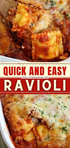 an image of a casserole dish with ravioli in it and the text quick and easy ravioli