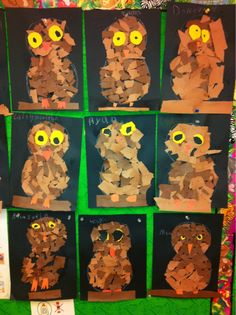 several pictures of owls made out of brown paper and black papers with yellow eyes on them