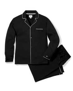 Men's Pima Pajama Set in Black Cotton Long Sleeve Loungewear Sets, Relaxed Fit Cotton Sleepwear For Lounging, Black Cotton Long Sleeve Sleepwear, Black Long Sleeve Cotton Sleepwear, Black Long Sleeve Sleep Top, Organic Cotton Long Sleeve Tops For Loungewear, Cotton Long Sleeve Tops For Loungewear, Black Cotton Lounging Top, Black Cotton Casual Sleepwear