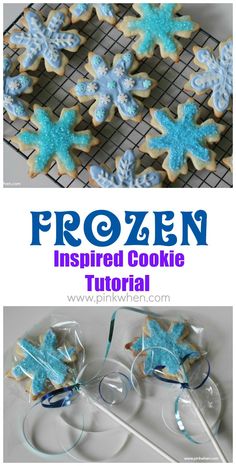 some cookies that are on a cooling rack and the words frozen is spelled in blue