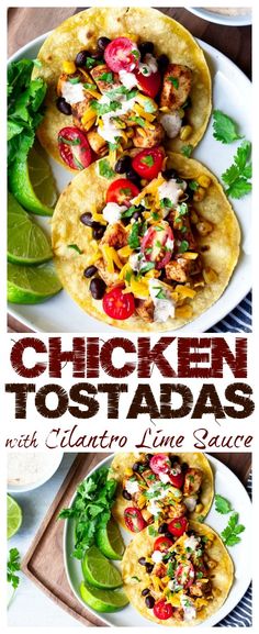 chicken tostadas with cilantro, lime sauce and avocado on the side