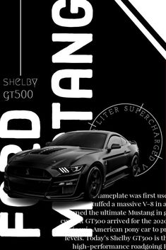 a black and white flyer with a mustang car in the center, along with an advertise