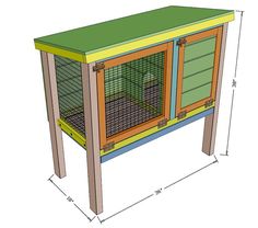 the plans for an outdoor rabbit hutch are shown in blue, green and yellow