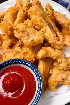 fried food on a plate with ketchup and sauce