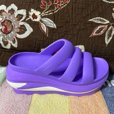 Nwot., Rubber, Platform Sandal. Came In The Mail, With The Package Open And Missing The Left Shoe. Please See Photos For Added Info. White Eva Slides, Purple Synthetic Slides With Round Toe, Purple Slip-on Beach Slides, Purple Slip-on Slides For The Beach, Purple Slip-on Slides For Beach, Comfortable Purple Sandals For Summer, Casual Purple Synthetic Slides, Purple Slip-on Slides For Summer, Purple Platform Wedge Sandals For The Beach