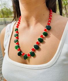 Stunning Vintage West Germany Red & Green Rhinestone Necklace Gift for girlfriend gift for mother Elevate your style with our exquisite handmade necklace, meticulously crafted to add a touch of elegance to any outfit. This stunning piece is made with love and precision, featuring high-quality materials that ensure both durability and shine. Every necklace is uniquely fashioned from premium gemstones and expertly woven with an array of delicate beads, ensuring that no two pieces are alike - just Elegant Red Crystal Necklaces With Natural Stones, Elegant Red Crystal Necklace With Natural Stones, Elegant Red Crystal Pendant Necklace, Red Crystal Necklace With Natural Stones For Gift, Red Crystal Necklace With Natural Stones, Red Crystal Necklaces With Gemstone Beads For Gift, Red Crystal Necklace For Gift, Handmade Green Jewelry For Valentine's Day, Red Gemstone Crystal Necklace With Round Shape