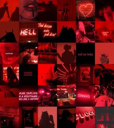 a collage of images with red light and black silhouettes on the wall in front of them