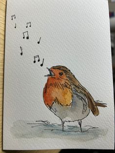 a drawing of a bird with musical notes coming out of its beak