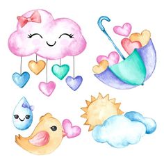 watercolor clouds and hearts with umbrellas