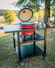 an outdoor bbq is set up in the grass with a grill on it's stand