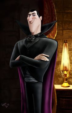 the animated male character is dressed in black and has his arms crossed, while standing next to a lamp