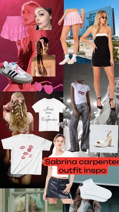 the collage shows different types of clothing and shoes, including one woman with long hair