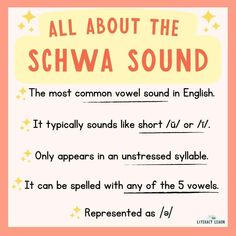 an all about the schwaa sound poster with stars and text on pink background