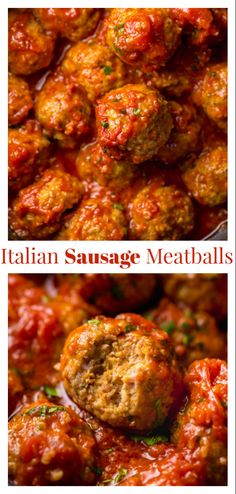 italian sausage meatballs with marinara sauce in a pan