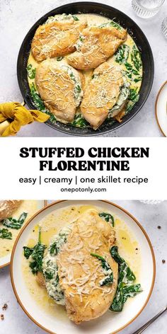 stuffed chicken florentine in a skillet with spinach and cheese on top