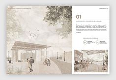 the front and back pages of an architectural brochure, with people walking around