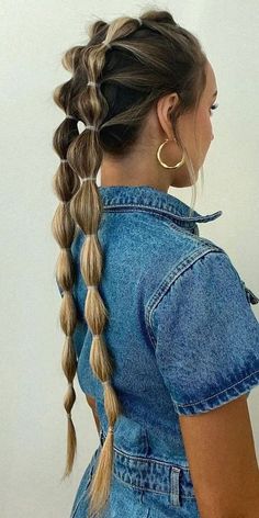 Long Bubble Braid, Bubble Braid Pigtails, Braid Pigtails, Bubble Braid, Concert Hairstyles, Softball Hairstyles, Old Hairstyles, Sport Hair, Pigtail Braids