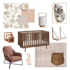 a baby's room with neutrals, pink and brown accents including a crib