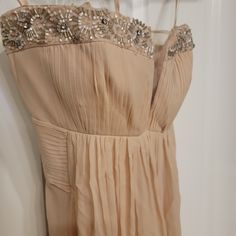 Simply Stunning Silk Evening Gown. Purchased At Saks 5th Avenue For $460 And Worn Only Once For A Wedding. Beautiful Bead Detail Around Bust, Mesh V At Cleavage, Fully Lined With Silk. Perfect Nude Color That Can Be Worn For Any Formal Occasion Beige V-neck Evening Dress For Formal Occasions, Fitted Champagne V-neck Evening Dress, Champagne V-neck Evening Dress, Embellished Champagne Gown With V-neck, Beige V-neck Ruched Maxi Dress, Silk Evening Gown, Bcbgmaxazria Dresses, Nude Color, Formal Occasion