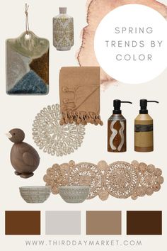 some items that are on display with the words spring trend by color in white and brown