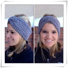 two pictures of a woman wearing a knitted headband and smiling at the camera