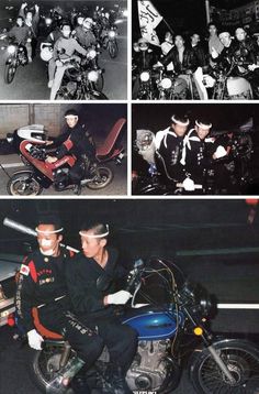 several photos of police officers on motorcycles in black and white, with one man sitting on the motorcycle