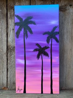 a painting of three palm trees against a purple and blue sky