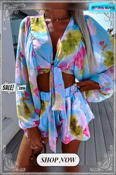 Summer Chiffon Pleated Lantern Sleeves Long-sleeved V-neck Shirt Elastic Waist Straight Shorts Printed Suit Crop Top Suit, Printed Suit, Floral Print Crop Top, Chiffon Shorts, Loose Jumpsuit, Print Crop Tops, Lantern Sleeves, Long Shirt, Neck Shirt