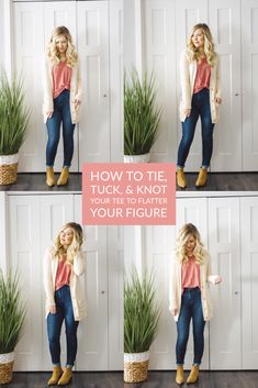 Shirt Knot Outfits, Ways To Style A Tee Shirt, How To Shirt Tuck, Tshirt Tuck Hack, Tuck Shirt Into Leggings, Knot A Tee Shirt How To, How To Dress Up A Tee Shirt, How To Tuck A Tshirt Into Leggings, How To Wear A Tee Shirt