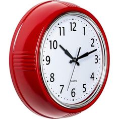 a red clock with white numbers on the face and hands is shown in front of a white background