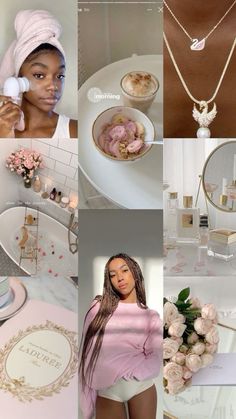 a collage of photos with various items in the bathroom, including flowers and jewelry