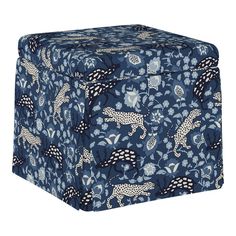 a blue and white box with leopards on it