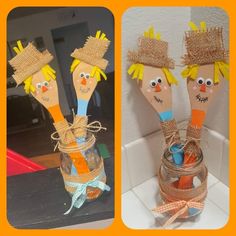 three different pictures of straw man puppets in mason jars