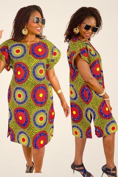 This midi dress has such a beautiful style great for any event. Wear this African shirt dress on your next vacation, it's unique,  vibrant and chic!   Our dress midi dress will be made from authentic African print, and cut to flatter your curves. Style is loosely cut for wiggle room.  Please verify the correct size matches your own body measurements The dress is made to order pls include your bust and hip measurements at checkout for a perfect fit. *️⃣ MEASUREMENT GUIDE: See inserted pics We are happy to answer any questions regarding measurements and styles before purchase. Note - the customer is responsible for including their measurements or selecting the correct measurements.  Where no customer measurements are included, we will use the listed measurements with the size selection. ❇️ F Printed Mid-length Midi Dress For Vacation, Printed Midi Dress For Vacation, Summer Beach Maxi Dress With Geometric Pattern, Colorful Patterned Knee-length Summer Dress, Colorful Knee-length Summer Dress, Geometric Pattern Dress For Summer Vacation, Printed Knee-length Summer Midi Dress, Summer Knee-length Printed Midi Dress, Green Short Sleeve Dress With Side Slits