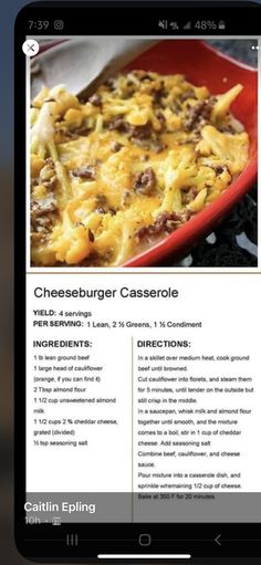 a cell phone showing the recipe for cheeseburger casserole on it's screen