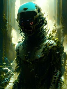 a man in a futuristic suit and helmet standing in the middle of an area filled with plants