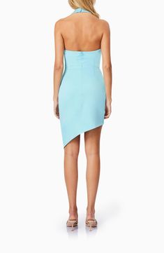 An off-center hemline and a halter neck make an artfully modern statement on this satin cocktail dress that will catch compliments. 33 1/2" to 43" center front length (size Medium) Hidden back-zip closure Halter neck Sleeveless, with cutaway shoulders Lined 97% polyester, 3% spandex Dry clean or hand wash, line dry Imported Fitted Asymmetrical Dress For Spring Gala, Strapless Satin Halter Dress, Evening Fitted Halter One Shoulder Dress, One Shoulder Fitted Halter Evening Dress, Fitted Halter Neck Asymmetrical Dress For Party, One-shoulder Fitted Halter Evening Dress, Summer Gala Dresses With Asymmetrical Hem, Fitted Asymmetrical Halter Neck Dress For Party, Asymmetrical One Shoulder Cocktail Dress With Fitted Bodice